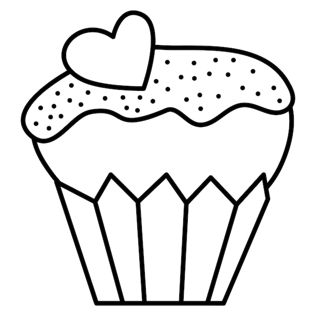 Cupcake con caramelle a forma di cuore doodle vettore illustrazione in bianco e nero