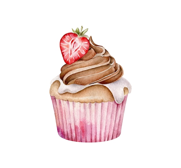 Vector cupcake with chocolate cream and strawberry