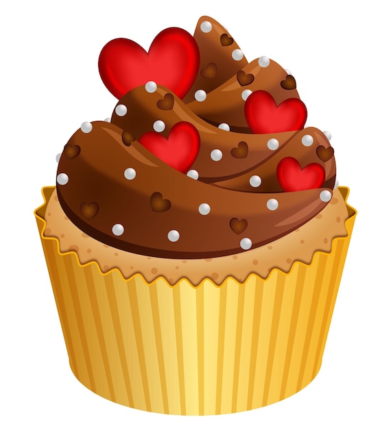 Vector cupcake with chocolate frosting sprinkles and red hearts