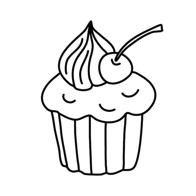 Cupcake con crema e ciliegia disegno di doodle di vettore