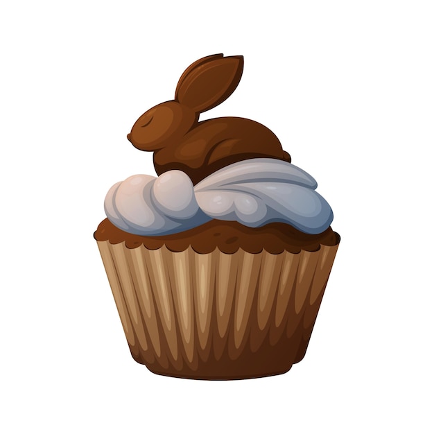 Cupcake con coniglietto di panna e cioccolato. tema pasquale. illustrazione vettoriale, sfondo isolato