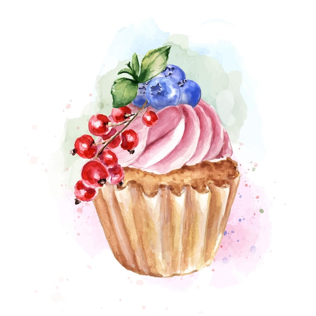 Vector cupcake with cream and red currants blueberries mint leaves watercolor illustration of cupcake