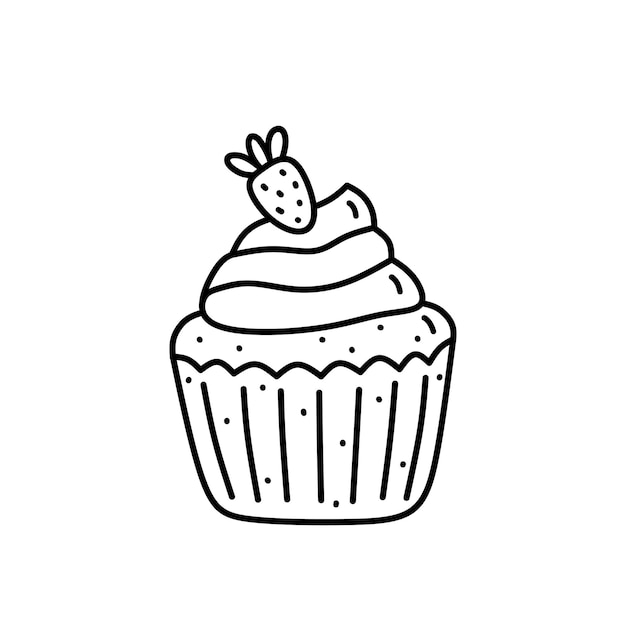 Cupcake with cream and strawberries isolated on white hand drawn illustration in doodle style