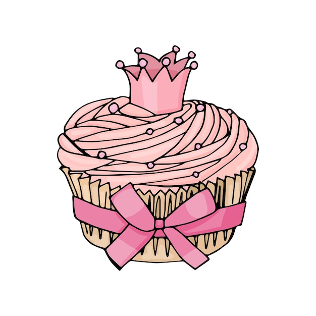 Cupcake con corona e fiocco rosa su sfondo bianco