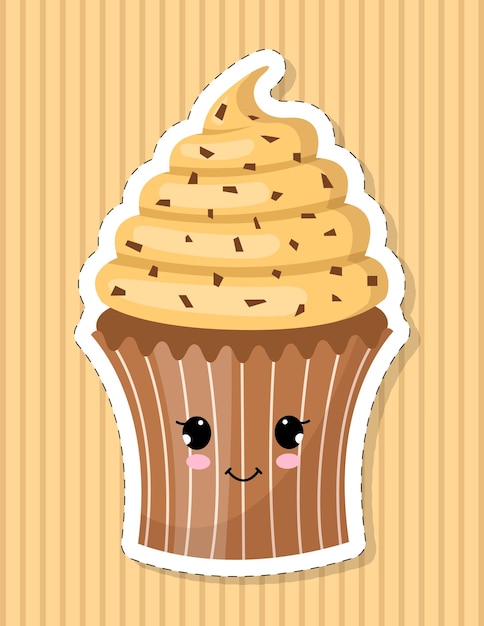 Cupcake with a cute face, eyes in the style of kawaii. The cartoon design. Vector illustration.