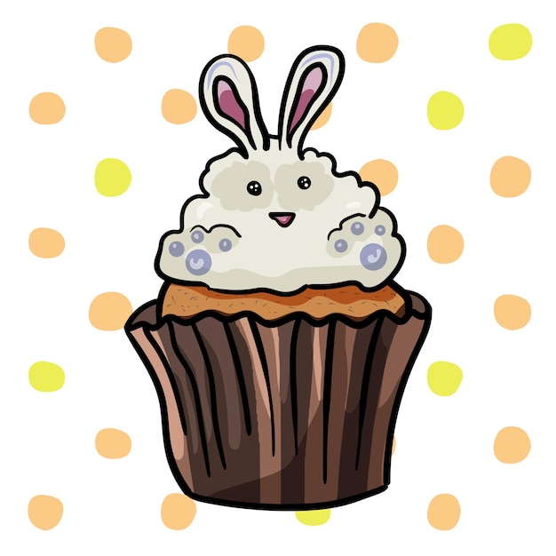 Cupcake with a cute rabbit on a background of polka dot