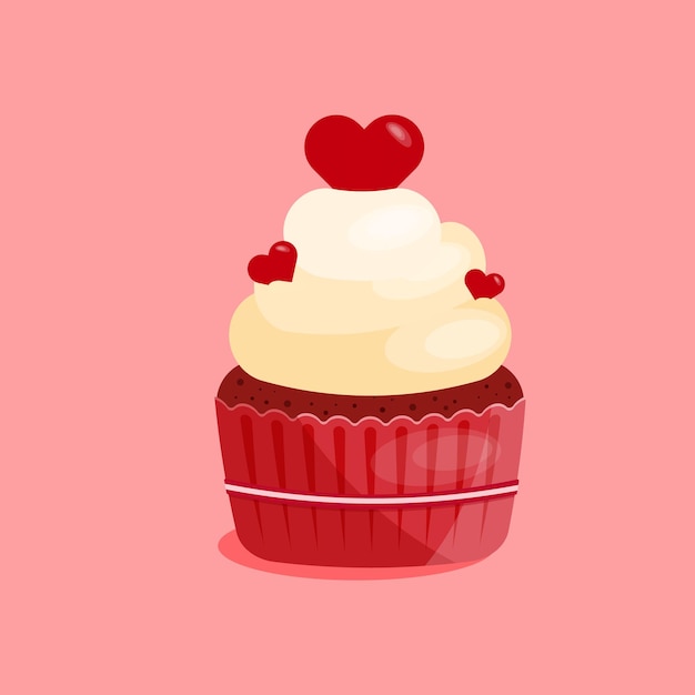 Cupcake with heart shape cherry in flat style isolated on pink background Love valentines day concept Vector illustration
