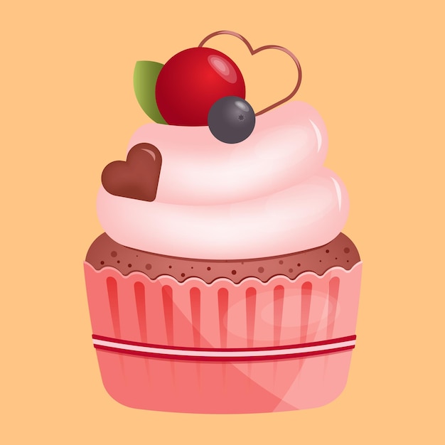 Vector cupcake with heart shape chocolate and cherry in flat style isolated on yellow background love valentines day concept vector illustration