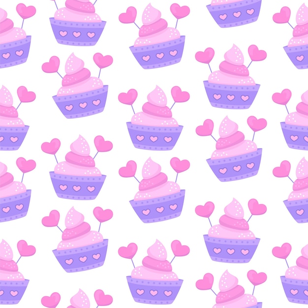 Cupcake with hearts seamless pattern