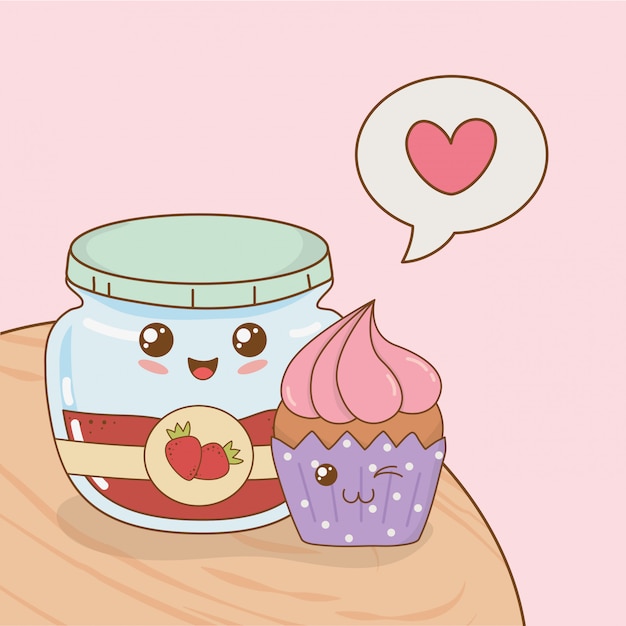 Cupcake with jam pot kawaii characters