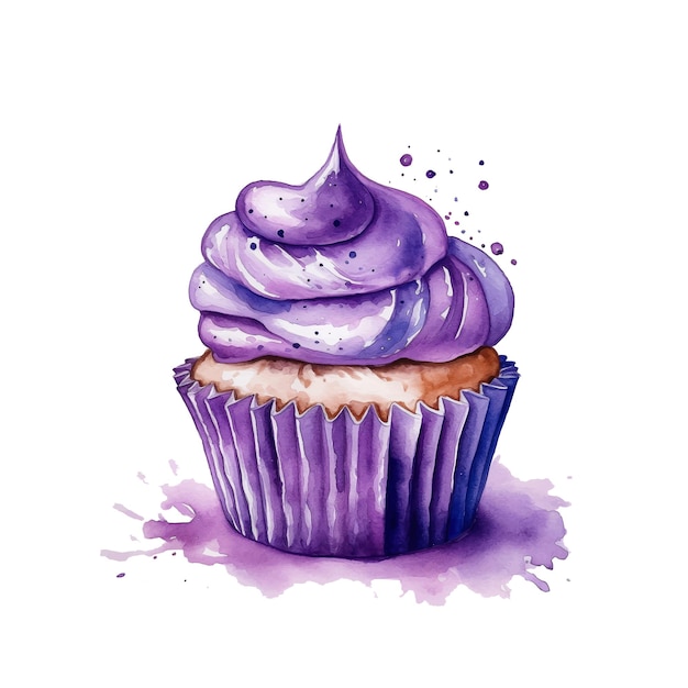 Cupcake with purple cream watercolor paint