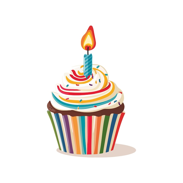Vector a cupcake with rainbow colored icing and a candle on top of it