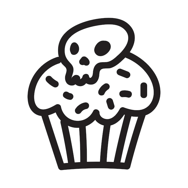 Cupcake con disegno doodle teschio. icona adatta per logo, design pattern. illustrazione vettoriale.