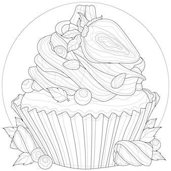 Cupcake con fragole, mirtilli, marshmallow e mandorle. dessert gustoso. libro da colorare antistress per bambini e adulti. stile contorno. disegno in bianco e nero