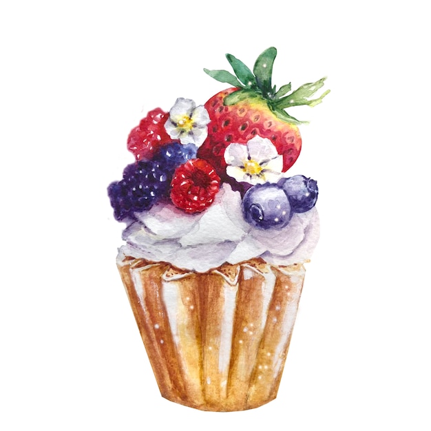 Cupcake with strawberries and blueberries