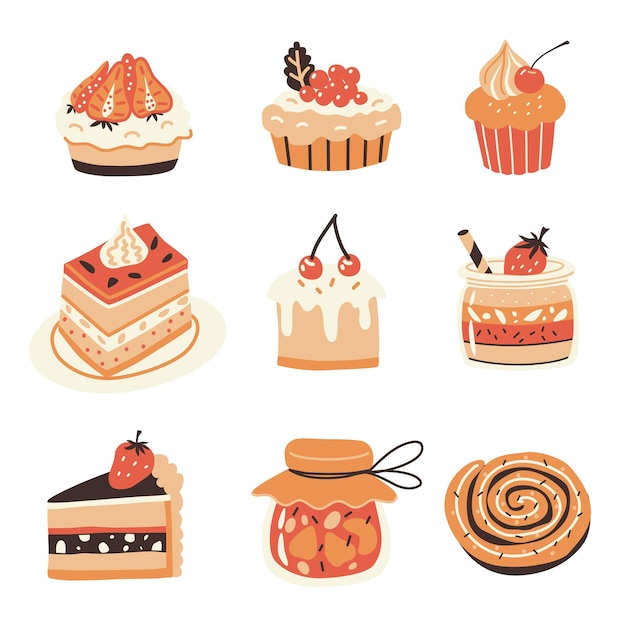 Cupcakes and desserts Vector hand drawn set