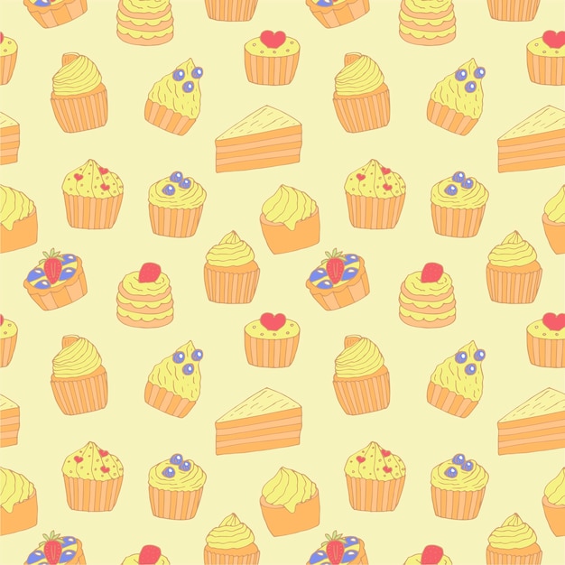 Cupcakes en cakes naadloze patroon vector illustratie hand tekenen doodles gele achtergrond