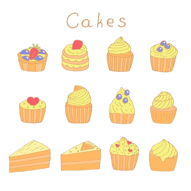 Cupcakes en taarten instellen vectorillustratie gekleurde hand tekenen doodles