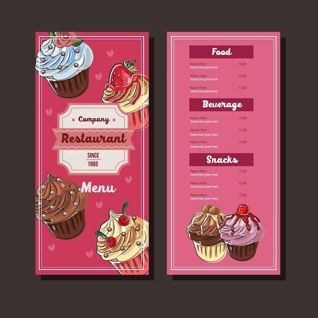 Vettore modello di menu disegnato a mano di cupcakes