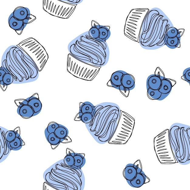 Cupcakes disegnati a mano senza cuciture cupcake con mirtilli vintage cibo colorato schizzi illustrazione vettoriale