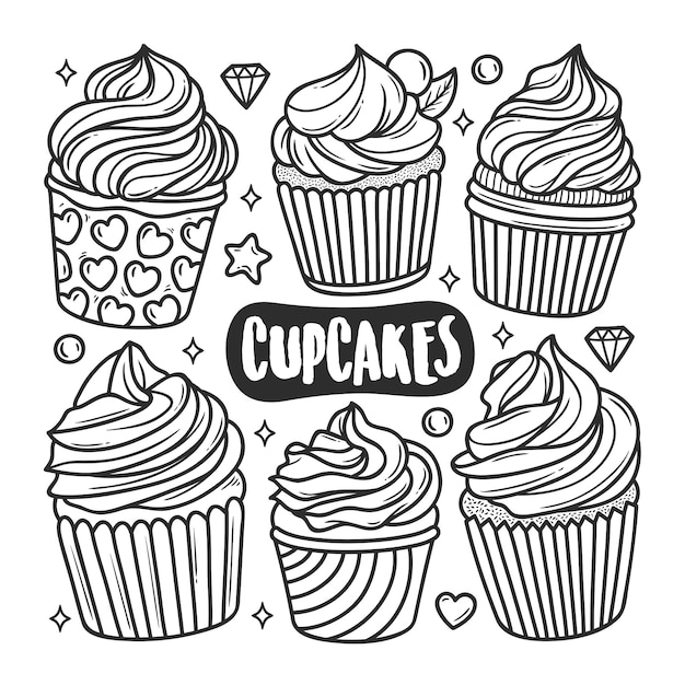 Vettore disegni da colorare doodle disegnati a mano icone cupcakes