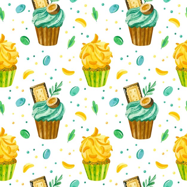 Cupcakes and marmalade watercolor seamless pattern birthday background