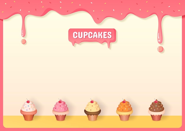 Vector cupcakes menu decorated with strawberry creamy frame