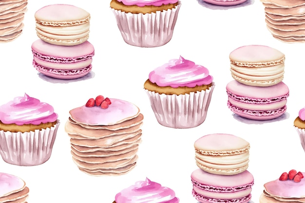 カップケーキ パンケーキのお菓子やマカロンのシームレスなベクトル パターン
