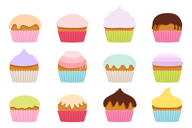 Cupcakes with cream pastel color simple shapes set