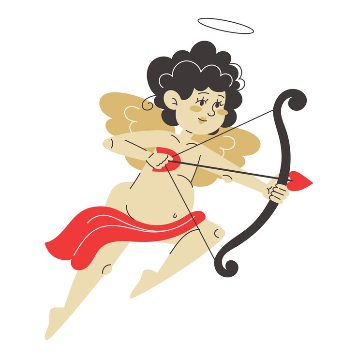 Vector cupid aims his bow with a love arrow ready to strike hearts