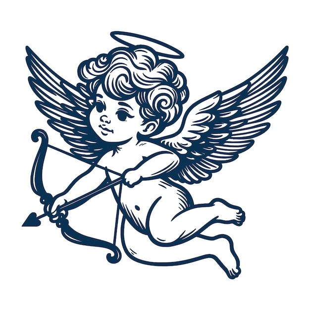 Vector cupid angel with wings bow and arrow one line drawn