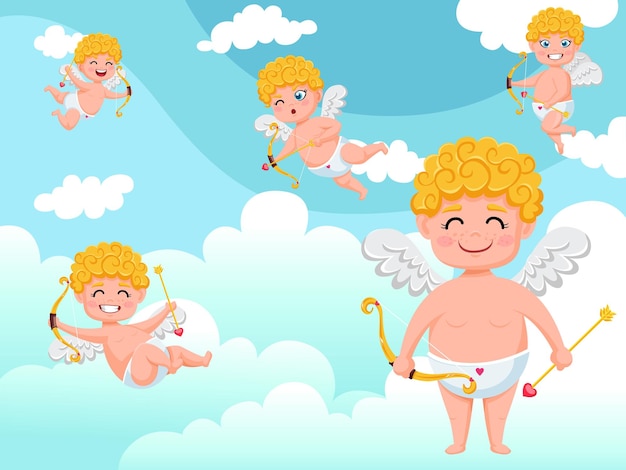 Cupid angels characters flying with bow and arrow clouds background. Happy Valentine's Day. Vector illustration decorative element on Valentine