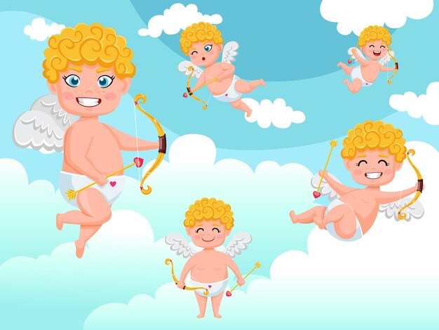 Personaggi di angeli cupido che volano con sfondo di nuvole di arco e freccia. buon san valentino. elemento decorativo di illustrazione vettoriale su san valentino