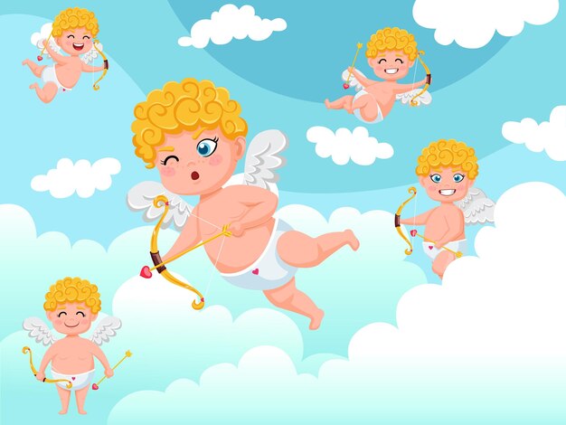 Cupid angels characters flying with bow and arrow clouds background. Happy Valentine's Day. Vector illustration decorative element on Valentine