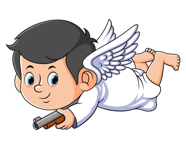 The cupid boy is holding the gun for shoot the heart