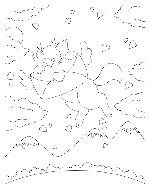 Cupid cat carries a love letter coloring book page for kids valentine's day