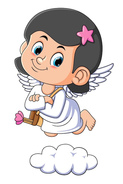 Vector the cupid girl is bringing the love arrow and flying above the cloud