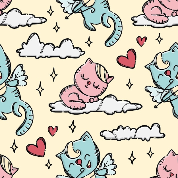 Cupid Kitten 고양이가 양궁을 쏘고 분홍색 하늘에 구름 위에서 잠자는 작은 고양이에게. 손으로 그린 된 만화 완벽 한 패턴