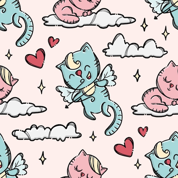 Cupid kitten kat schiet boogschieten naar kleine kat slaapt op wolk in roze lucht. hand getrokken cartoon naadloze patroon