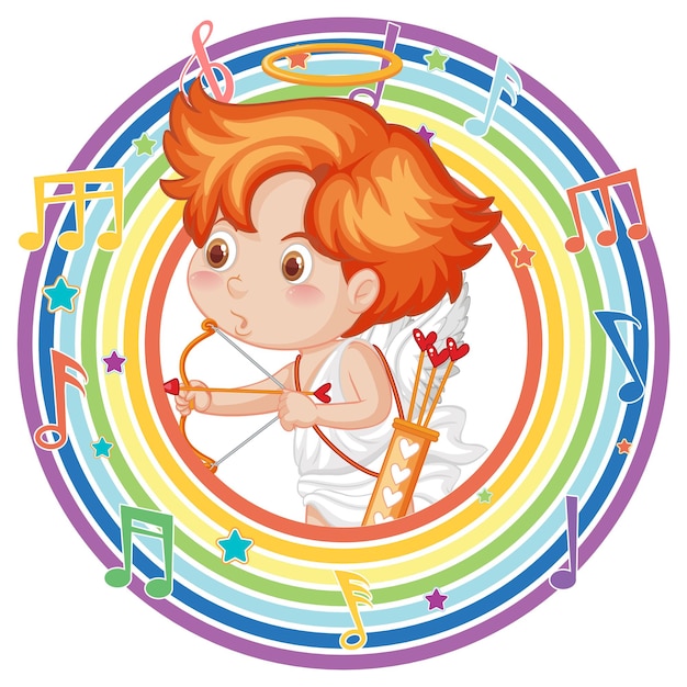 Cupid in rainbow round frame with melody symbol