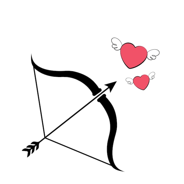 Cupid's bow and arrow aims at two flying hearts