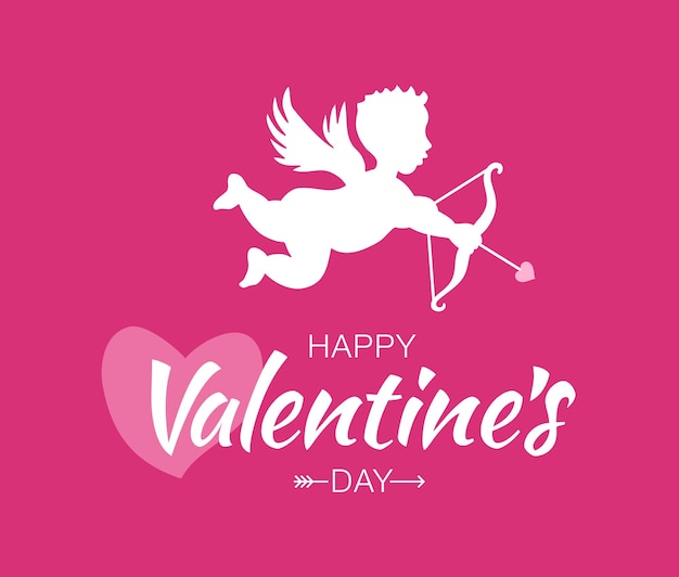 Cupid silhouette with bow and arrow heart on pink background  valentines day design vector