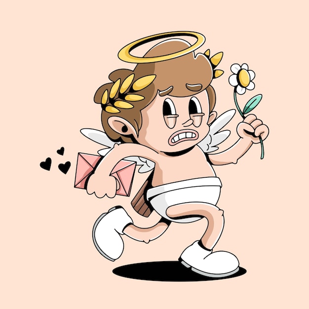 Карикатурный персонаж купидон валентин маскот с ретро-стилем