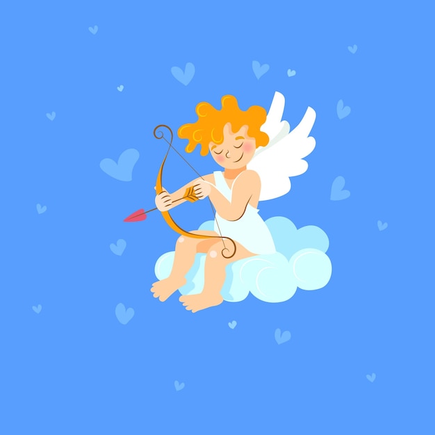 Cupid in a white toga sits on a cloud and aims an arrow with a heart from a bow