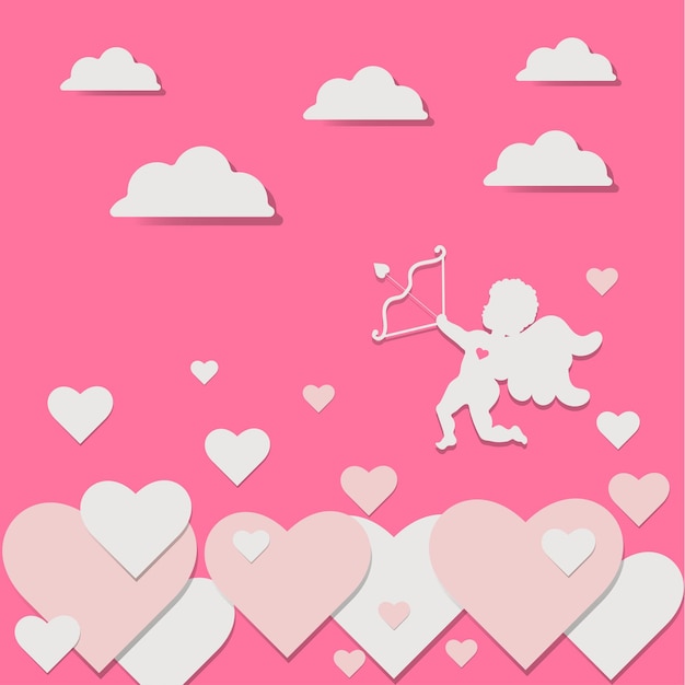 Cupid with bow and arrow hears clouds Love wedding and Valentines day card