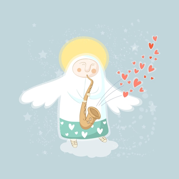 Cupido engel liefde personage spelen van de saxofoon vector illustratie voor valentijnsdag of bruiloft