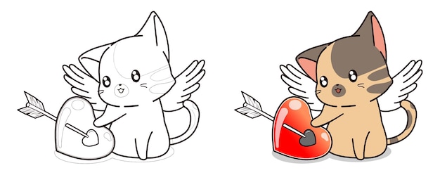 Cupido kat karakter en hart cartoon gemakkelijk kleurplaat