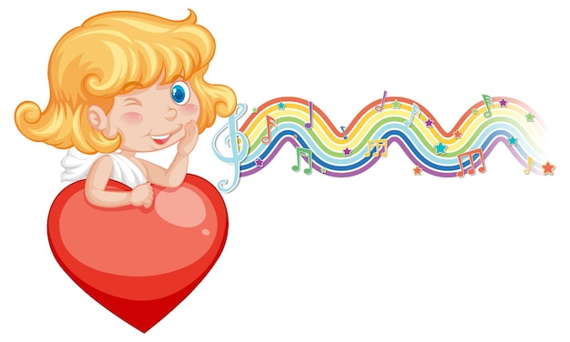 Cupido meisje met hart met melodiesymbolen op regenbooggolf