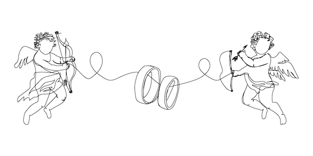 Cupids and wedding rings one line art Continuous line drawing of love angels rings marriage union