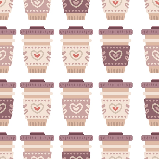 cups of coffee to go seamless pattern. cafe or coffee shop sweets background. delicious drink in cup. vector illustration for design of menu for sweet shoppe, candy store, tea shop